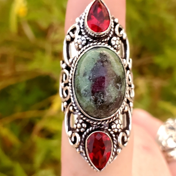 New Huge Ruby Zoisite and Garnet 925 Silver Statement Ring. - Picture 2 of 16